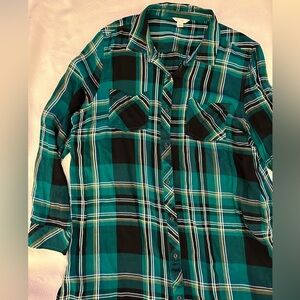 Long Green and Black Plaid Button-down Top Size XL